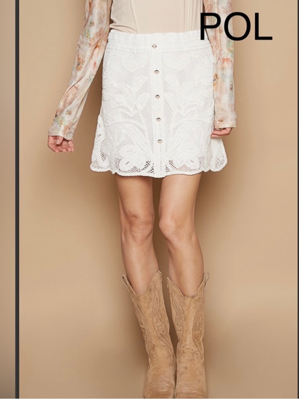 POL White Crochet Button-Front Mini Skirt One Size Fits Most